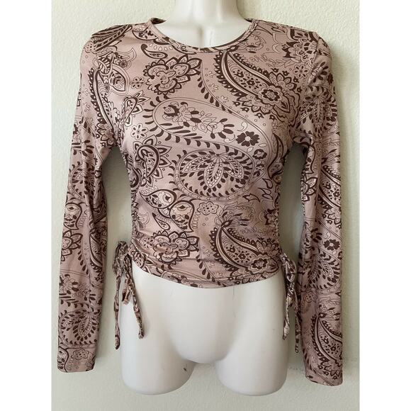Brown Paisley Ruched Drawstring Side Long Sleeve Stretchy Crop Top Size S - Picture 3 of 7